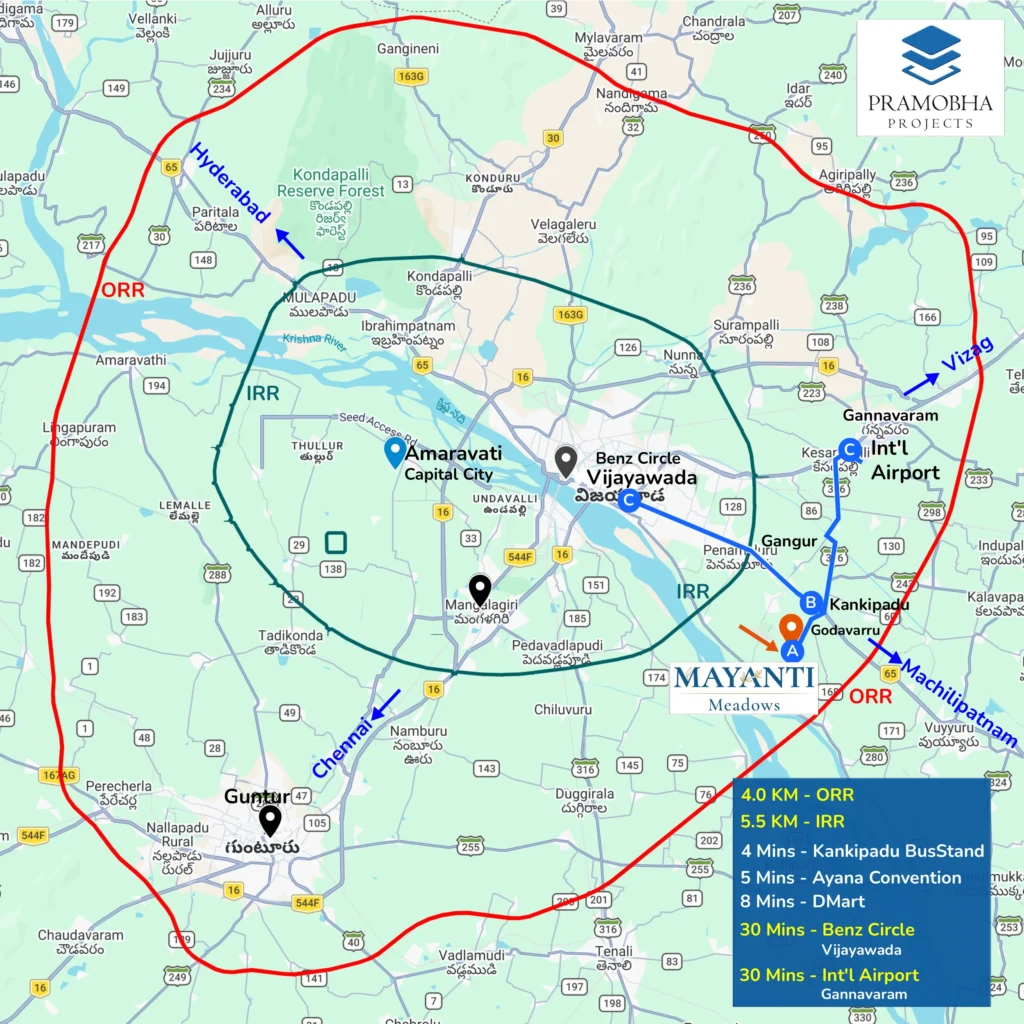 Location of Mayanti Meadows within the IRR and ORR of Amaravati Growth Corridor