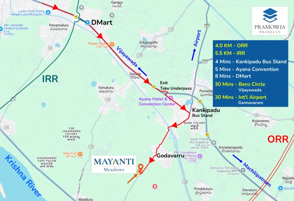 Location of Mayanti Meadows from DMart, Gamguru, Ayana Convention, Kankipadu Busstand