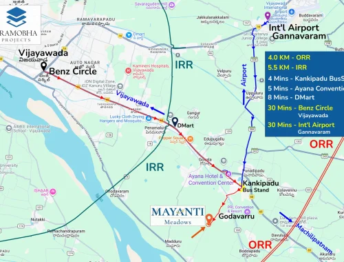 Location of Mayanti Meadows from Benz Circle Vijayawada
